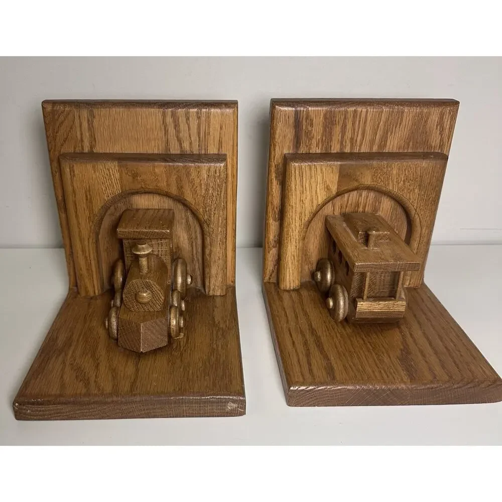 Train Locomotive And Caboose Bookends Solid Oak Wood Steam Engine Handmade